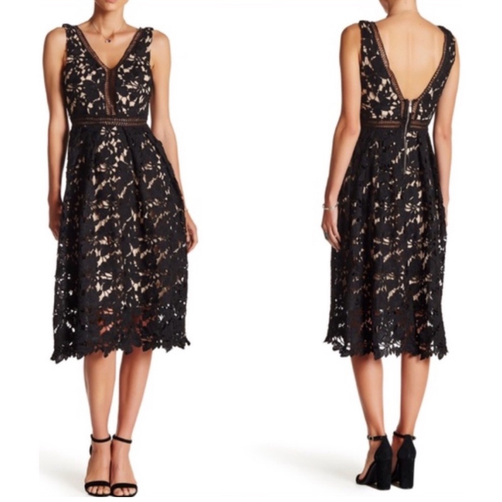 Romeo + Juliet Couture sz M Black & Nude Guipore Lace Midi Dress